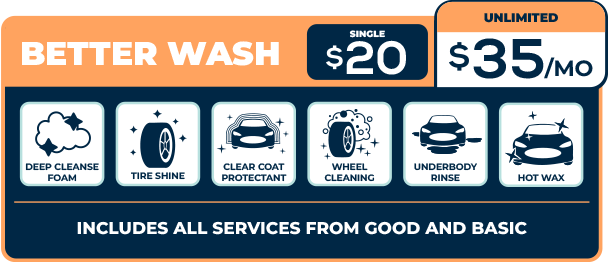 Better wash with: • Deep Cleanse Foam • Tire Shine • Clear Coat Protectant • Wheel Cleaning • Underbody Rinse • Hot Wax