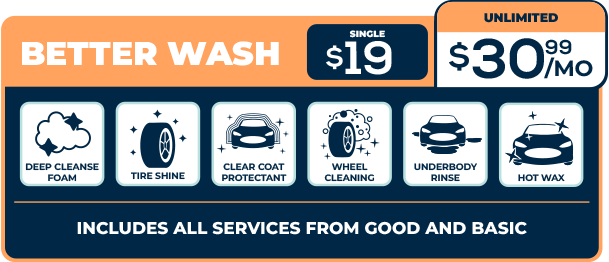Better wash with: • Deep Cleanse Foam • Tire Shine • Clear Coat Protectant • Wheel Cleaning • Underbody Rinse • Hot Wax